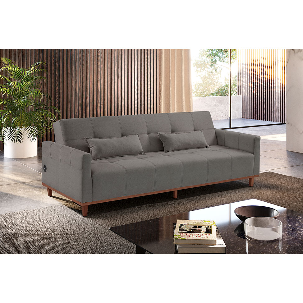 Sofá-Cama Casal 3 Lugares com USB Noronha Linho Cinza