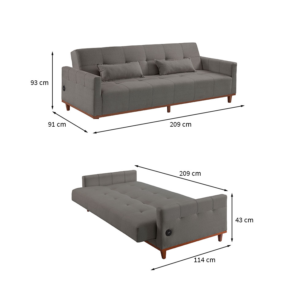 Sofá-Cama Casal 3 Lugares com USB Noronha Linho Cinza