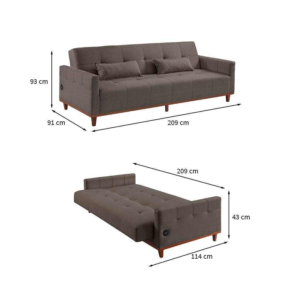 Sofá-Cama Casal 3 Lugares com USB Noronha Linho Marrom
