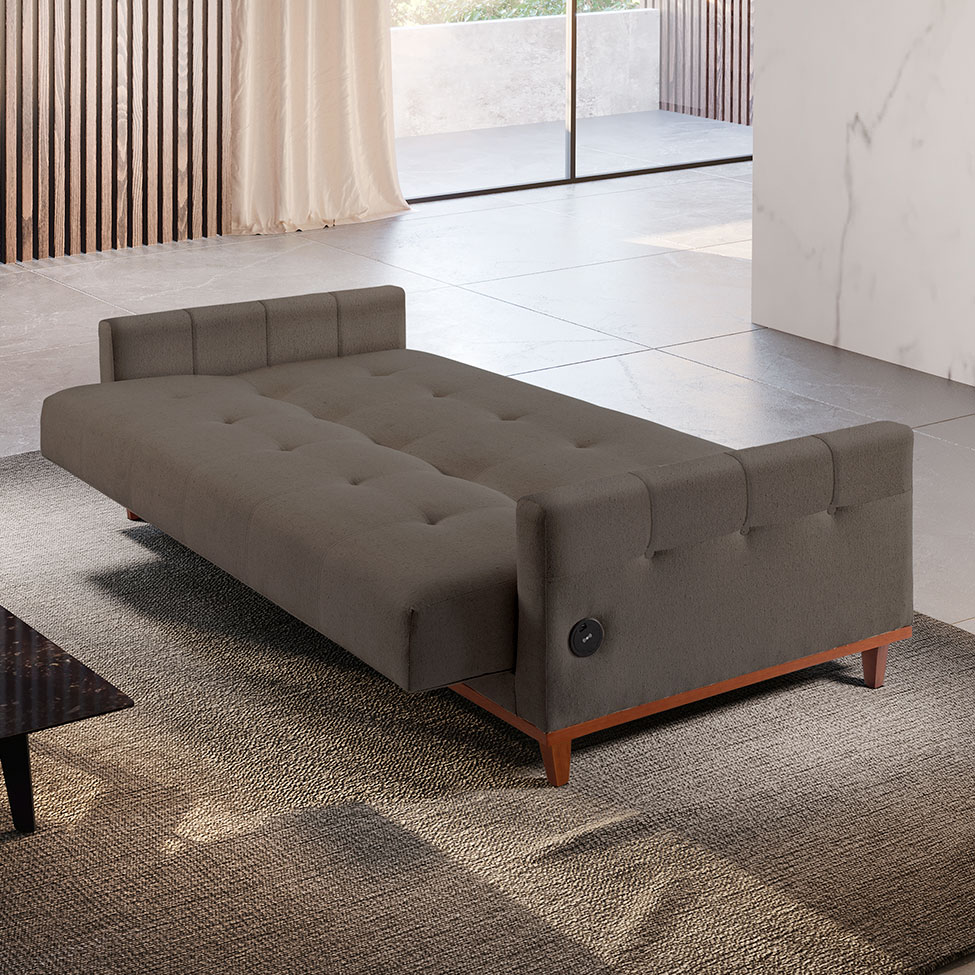 Sofá-Cama Casal 3 Lugares com USB Noronha Linho Marrom