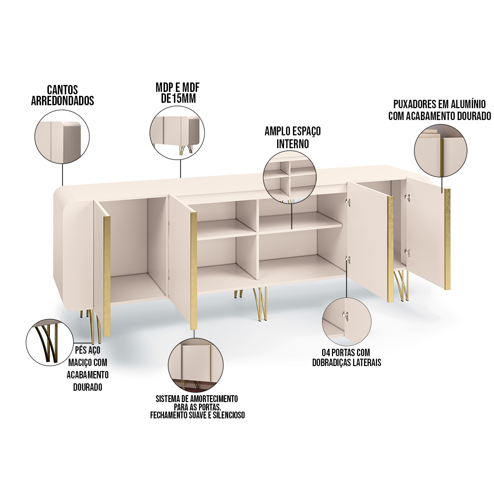 Aparador Buffet Bar Living Para Sala de Estar 04 Portas 220 cm Santiago B01 Off White - Lyam