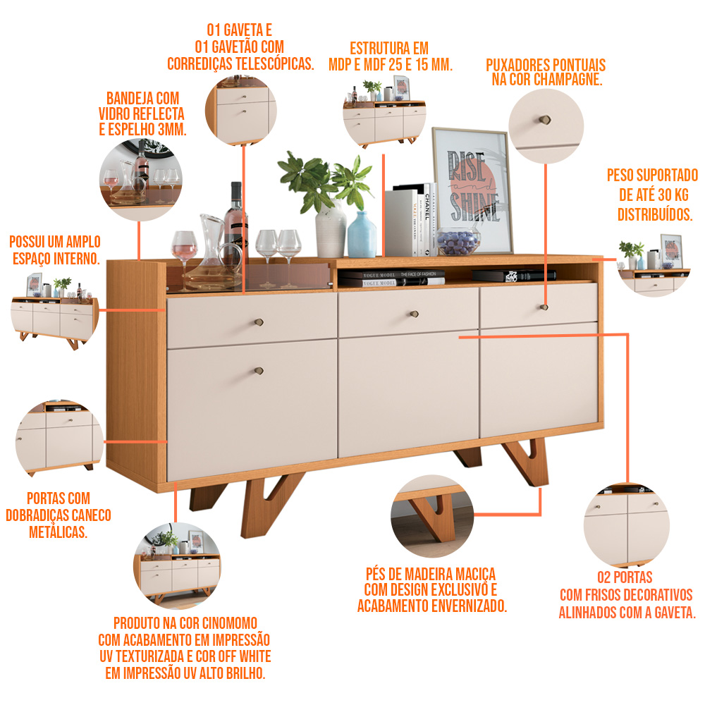 Aparador Buffet Bar Para Sala 02 Portas 02 Gavetas Valentim B01 Cinamomo Off White - Lyam Decor