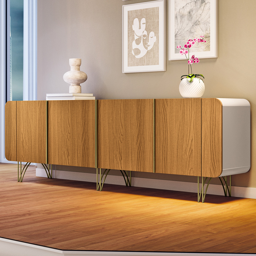Aparador Buffet Bar Para Sala 04 Portas 220 cm Santiago B01 Off White Cinamomo - Lyam