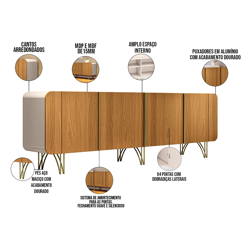 Aparador Buffet Bar Para Sala 04 Portas 220 cm Santiago B01 Off White Cinamomo - Lyam