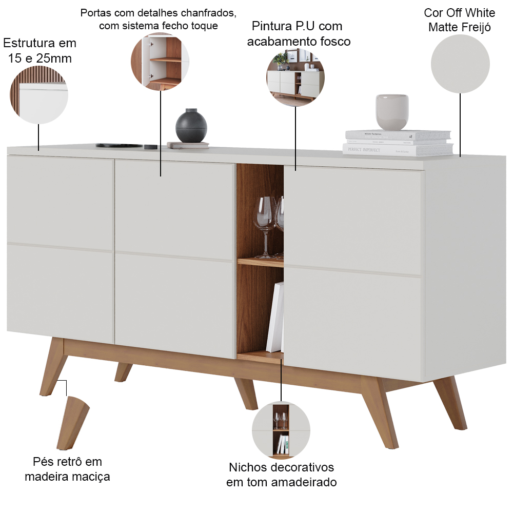Aparador Buffet Para Sala De Jantar 03 Portas Íris C04 Off Matte Freijó - Lyam