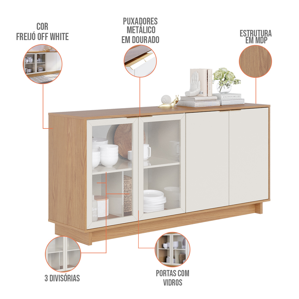 Aparador Buffet Para Sala de Jantar 04 Portas Áustria C04 Freijó Off White - Lyam Decor