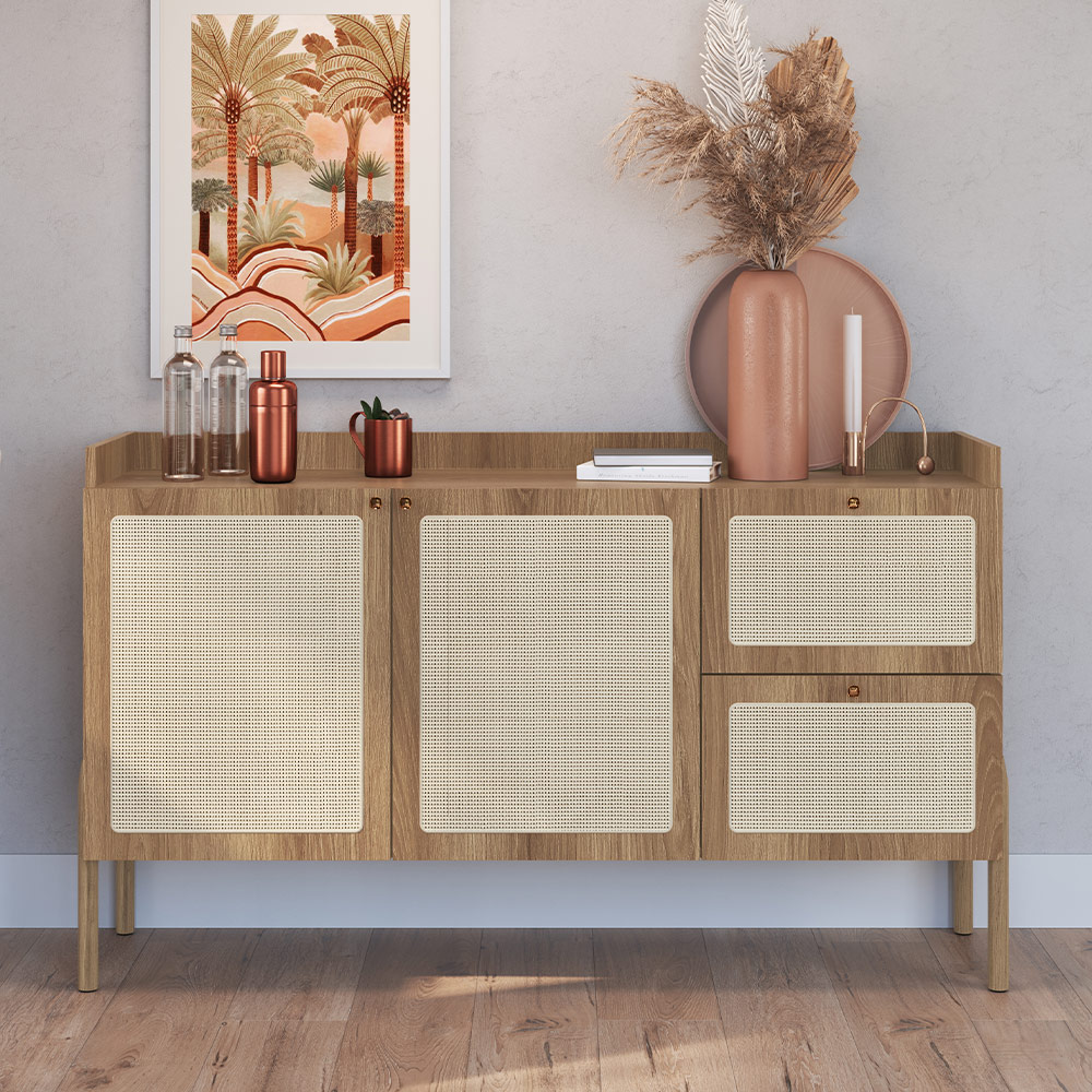 Aparador Buffet Para Sala de Jantar 139cm Pés Madeira Moss A03 Hanover Roble - Lyam Decor