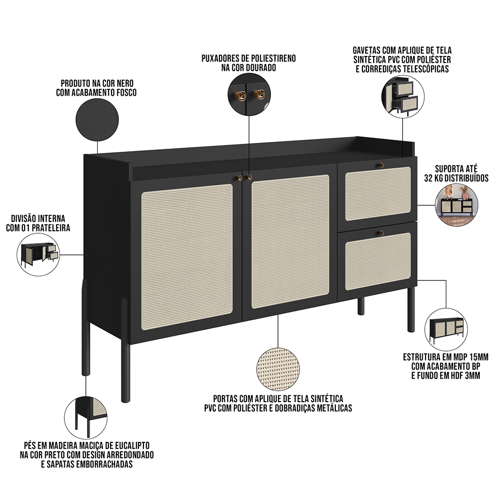Aparador Buffet Para Sala de Jantar 139cm Pés Madeira Moss A03 Nero Preto - Lyam Decor