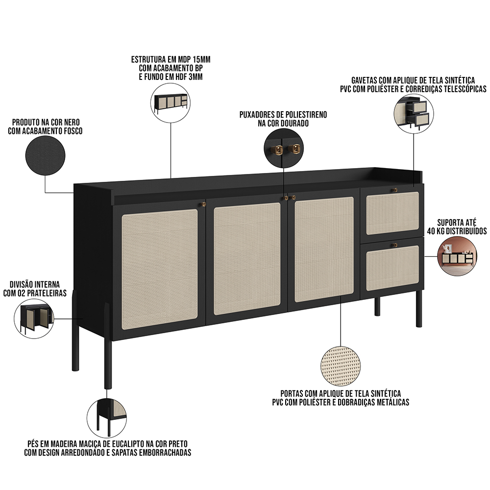 Aparador Buffet Para Sala de Jantar 183cm Pés Madeira Moss A03 Nero Preto - Lyam Decor