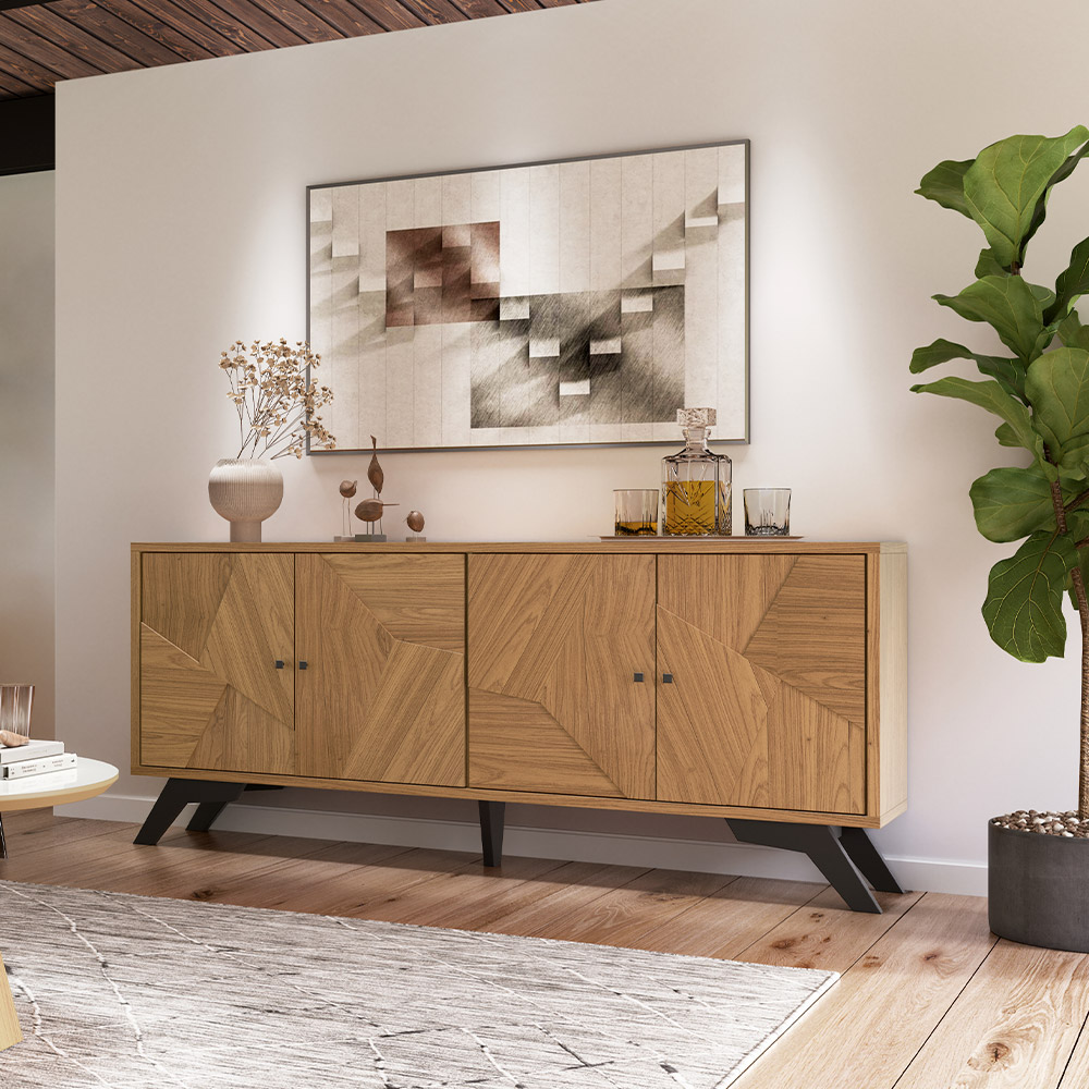 Aparador Buffet Sala De Estar Mosaico 04 Portas Messina 180cm D03 Freijó Preto Fosco - Lyam Decor