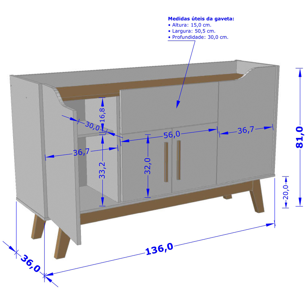 Aparador Buffet Sala Jantar Future B02 Off White Cinamomo com Espelho Adnet 54 cm Preto - Lyam Decor