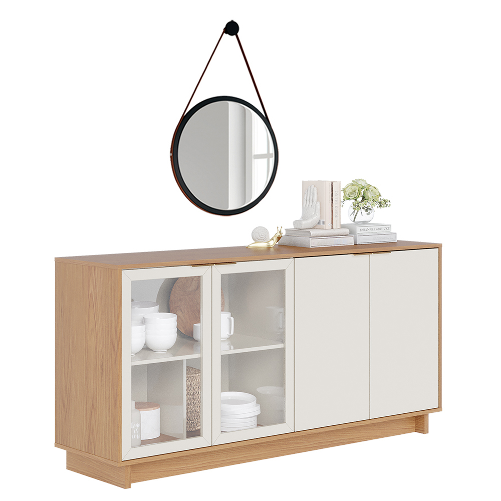 Aparador Buffet Sala de Jantar Áustria C04 Freijó Off White Com Espelho Adnet Preto - Lyam Decor