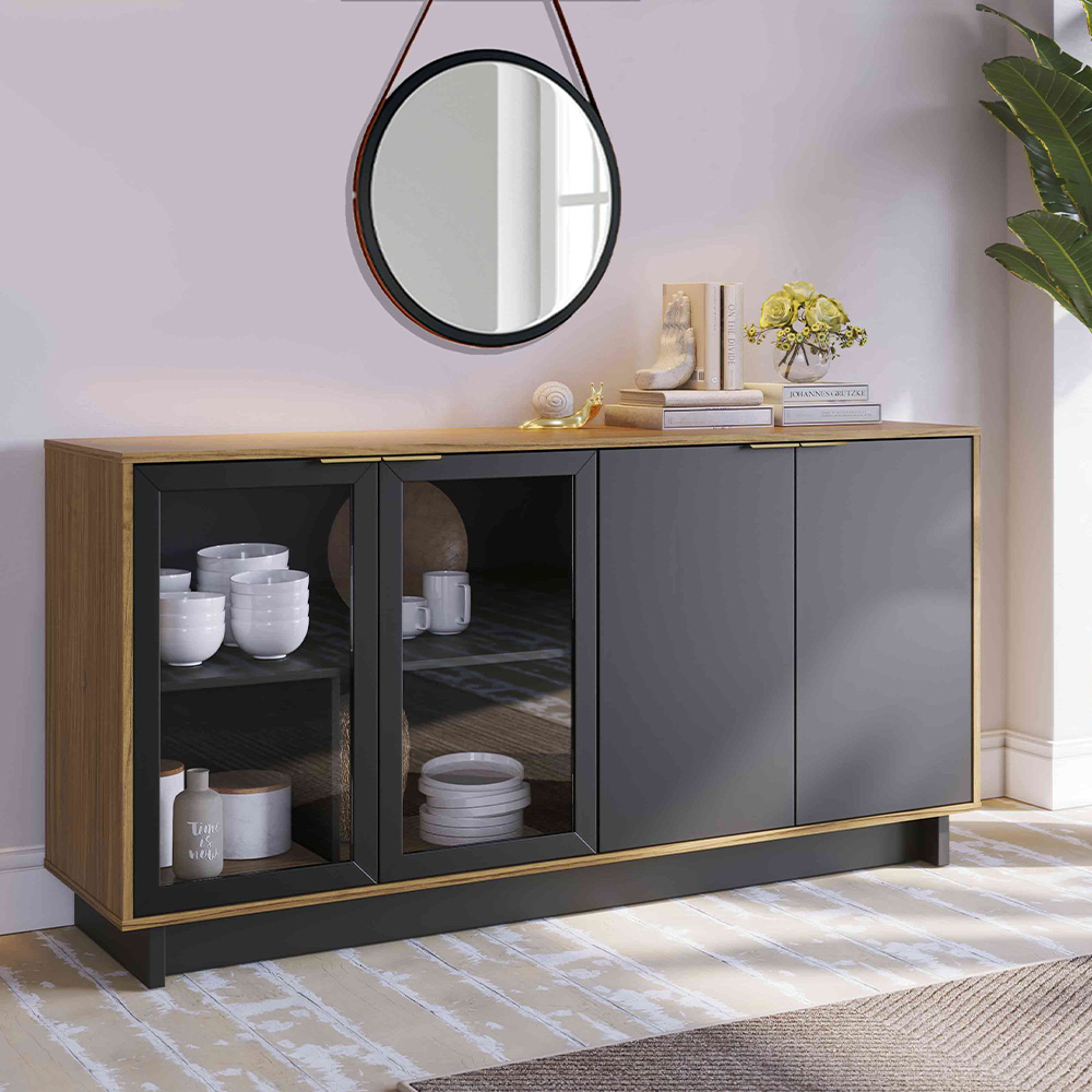 Aparador Buffet Sala de Jantar Áustria C04 Preto Noce Milano Com Espelho Adnet Preto - Lyam Decor
