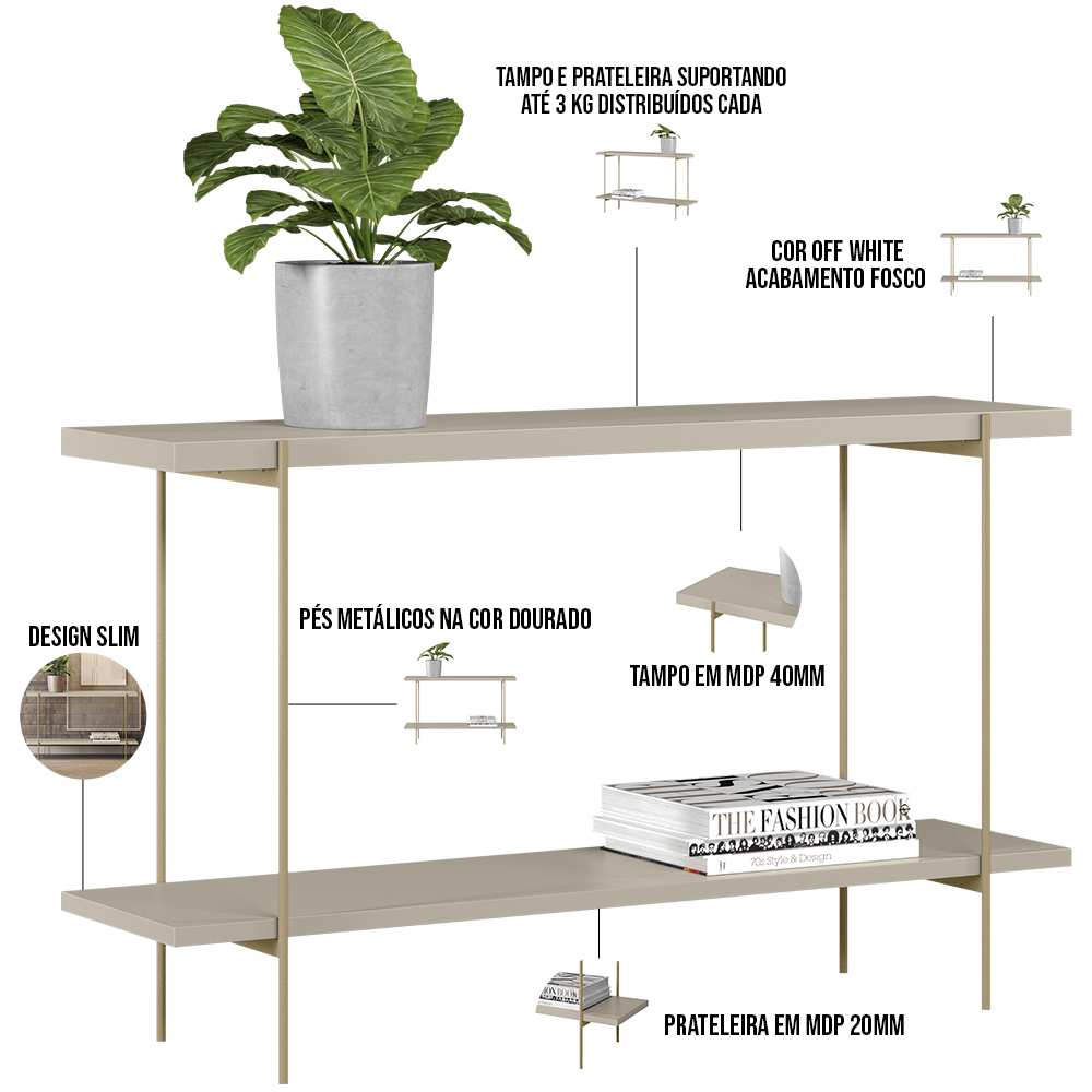 Aparador Decorativo Industrial Para Sala Estar Jantar Aço Moric L05 Off White Dourado - Lyam Decor
