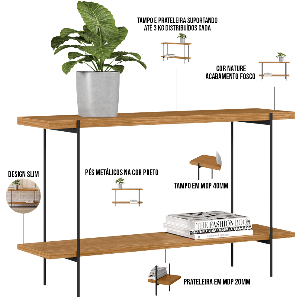 Aparador Decorativo Industrial Para Sala de Estar Jantar Aço Moric L05 Nature Preto - Lyam Decor