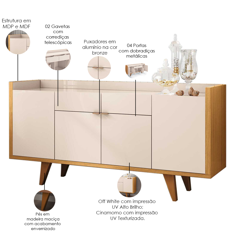 Aparador Para Sala Buffet Com 04 Portas 02 Gavetas Havana B01 Off White Cinamomo - Lyam Decor