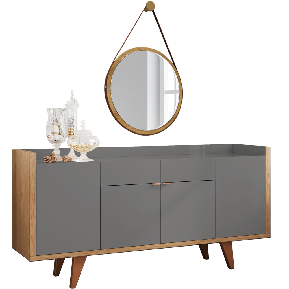 Aparador Para Sala Buffet Havana B01 com Espelho Adnet 54 cm Alça de Couro Freijó Cinza - Lyam Decor