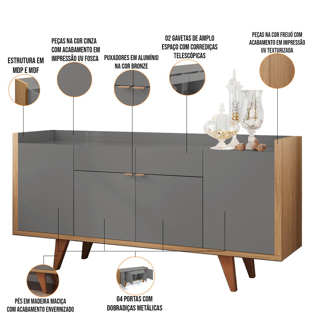 Aparador Para Sala Buffet Havana B01 com Espelho Adnet 54 cm Alça de Couro Freijó Cinza - Lyam Decor