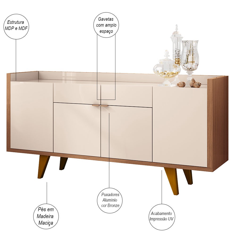 Aparador Para Sala Buffet com 04 Portas 02 Gavetas Havana B01 Off White Nature - Lyam Decor