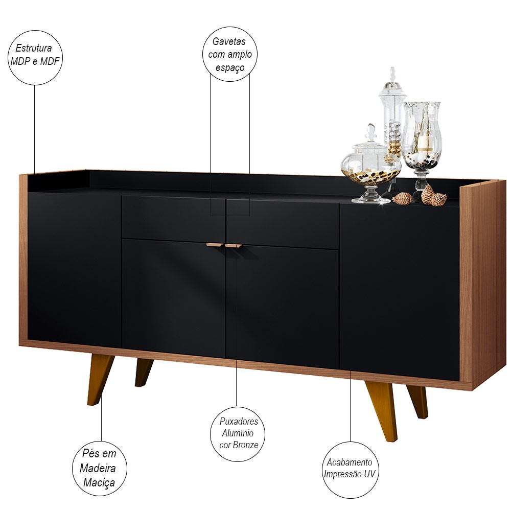 Aparador Para Sala Buffet com 04 Portas 02 Gavetas Havana B01 Preto Nature - Lyam Decor