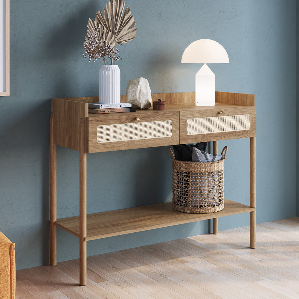 Aparador Para Sala de Estar 2 Gavetas Pés Madeira Moss A03 Hanover Roble - Lyam Decor