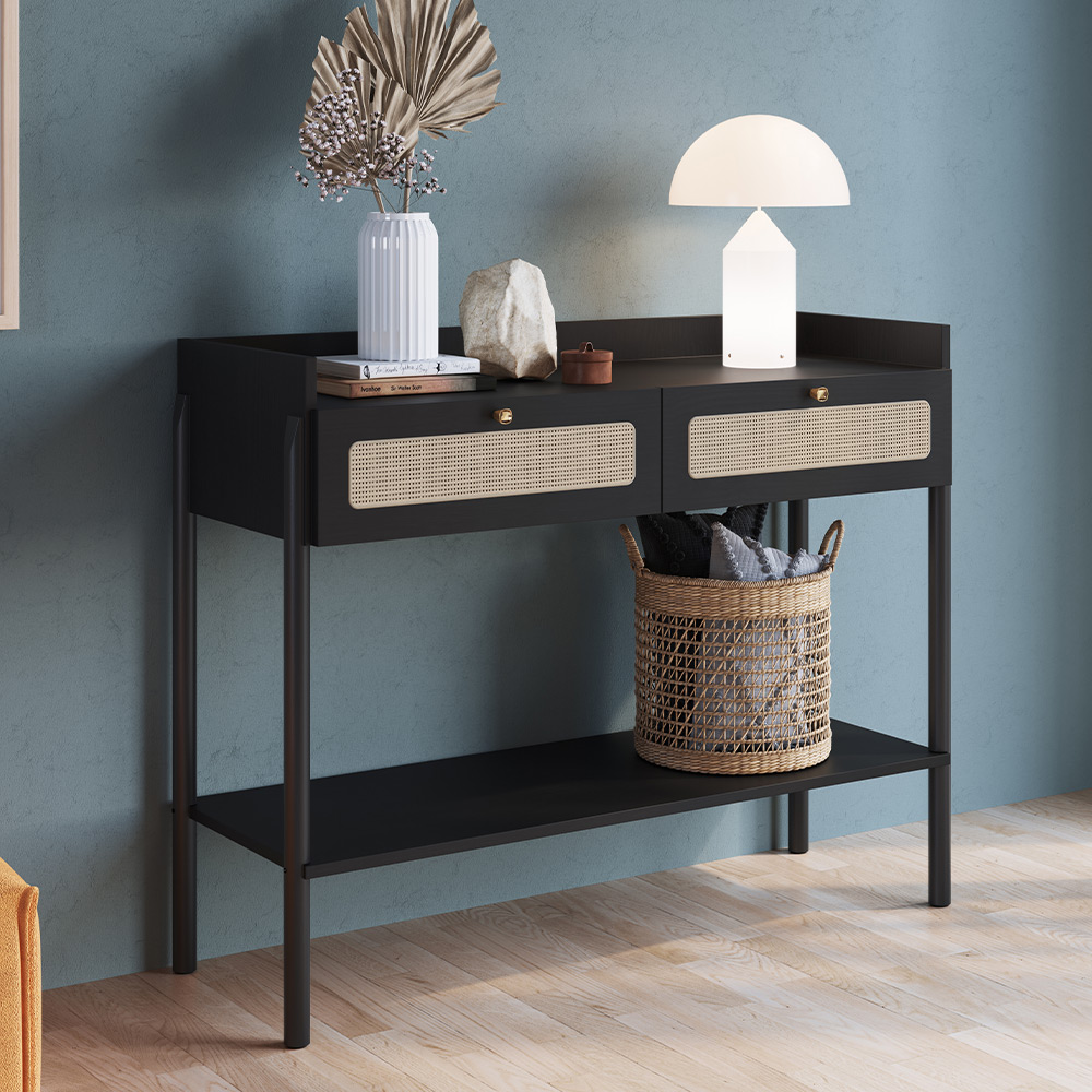 Aparador Para Sala de Estar 2 Gavetas Pés Madeira Moss A03 Nero Preto - Lyam Decor