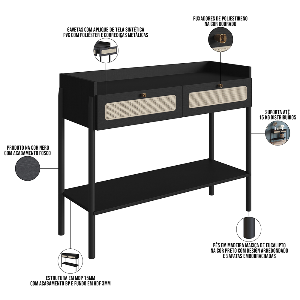 Aparador Para Sala de Estar 2 Gavetas Pés Madeira Moss A03 Nero Preto - Lyam Decor