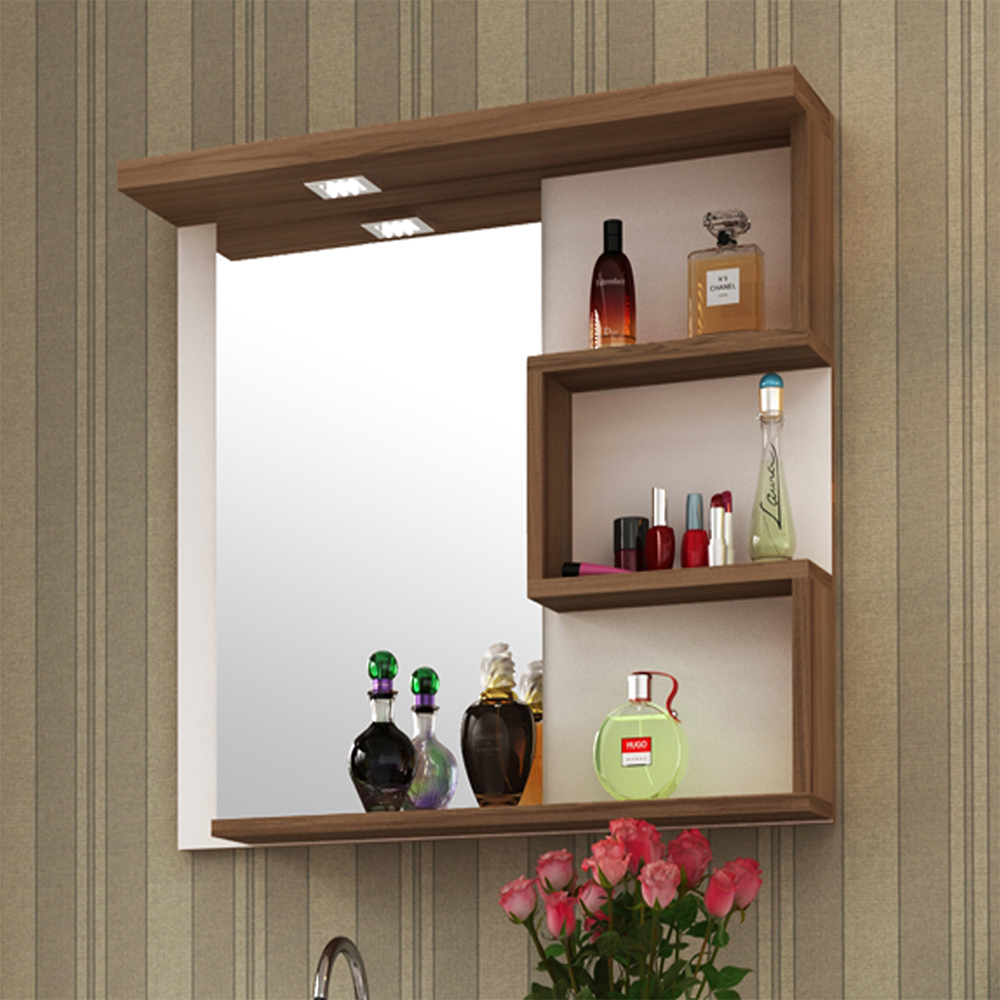 Armário Aéreo Para Banheiro 70cm Com 03 Prateleiras E Espelho Veneza B06 Branco Nogal - Lyam Decor