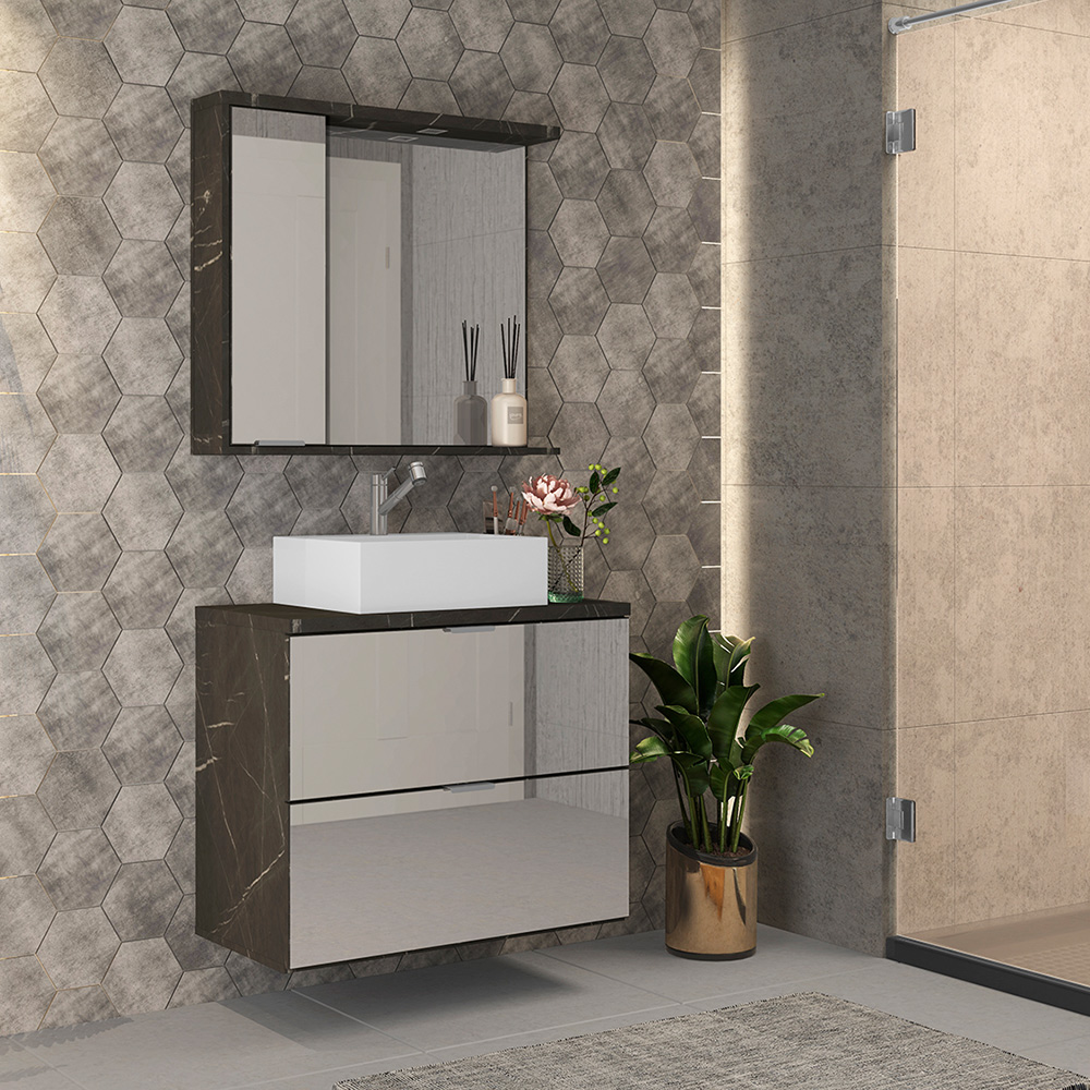 Armário Aéreo Para Banheiro 80cm Com 01 Porta E Espelho Loft B06 Portoro - Lyam Decor