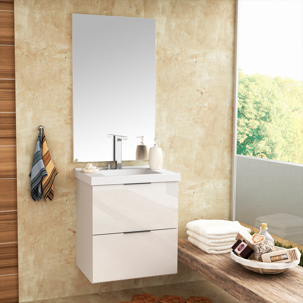 Armário Balcão Gabinete Para Banheiro 60cm Com 03 Gavetas Pietra B06 Branco Brilho - Lyam Decor