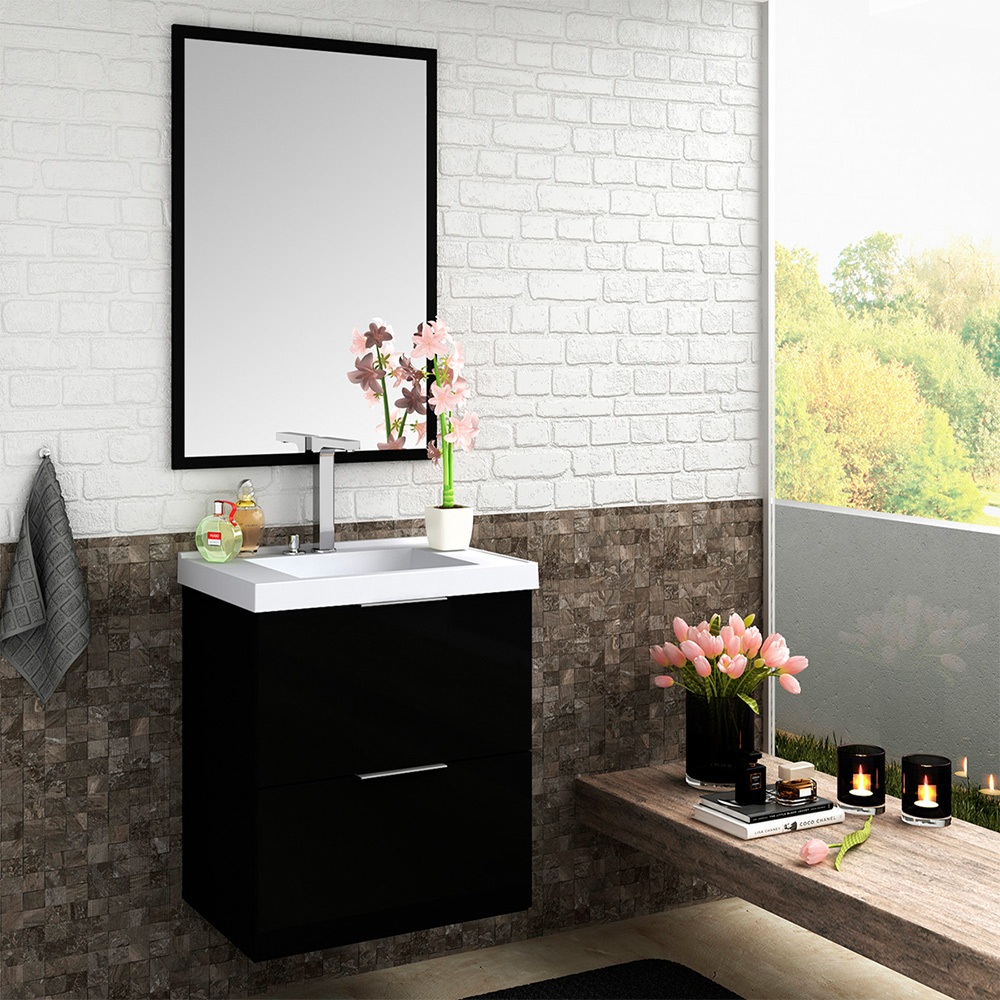 Armário Balcão Gabinete Para Banheiro 60cm Com 03 Gavetas Pietra B06 Preto Brilho - Lyam Decor
