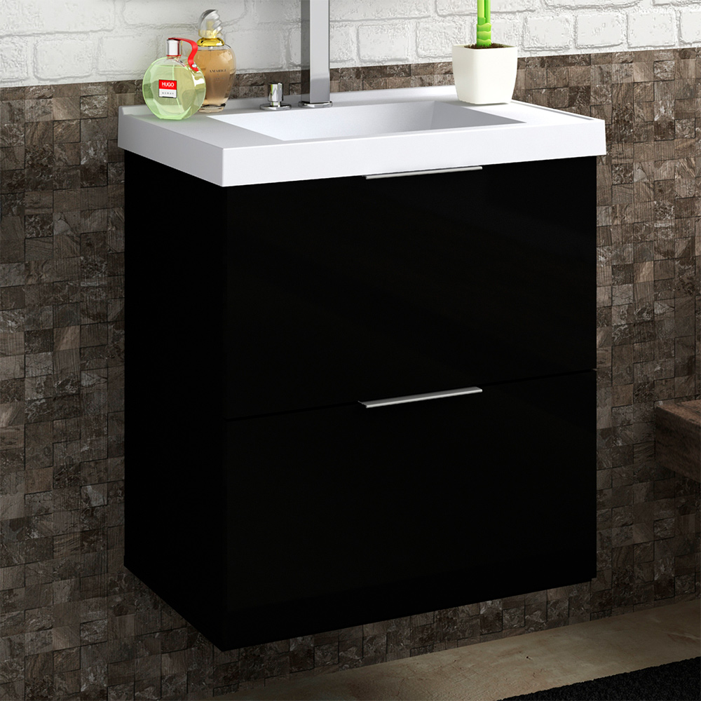 Armário Balcão Gabinete Para Banheiro 60cm Com 03 Gavetas Pietra B06 Preto Brilho - Lyam Decor