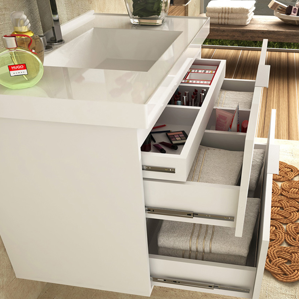 Armário Balcão Gabinete Para Banheiro 80cm Com 03 Gavetas Pietra B06 Branco Brilho - Lyam Decor
