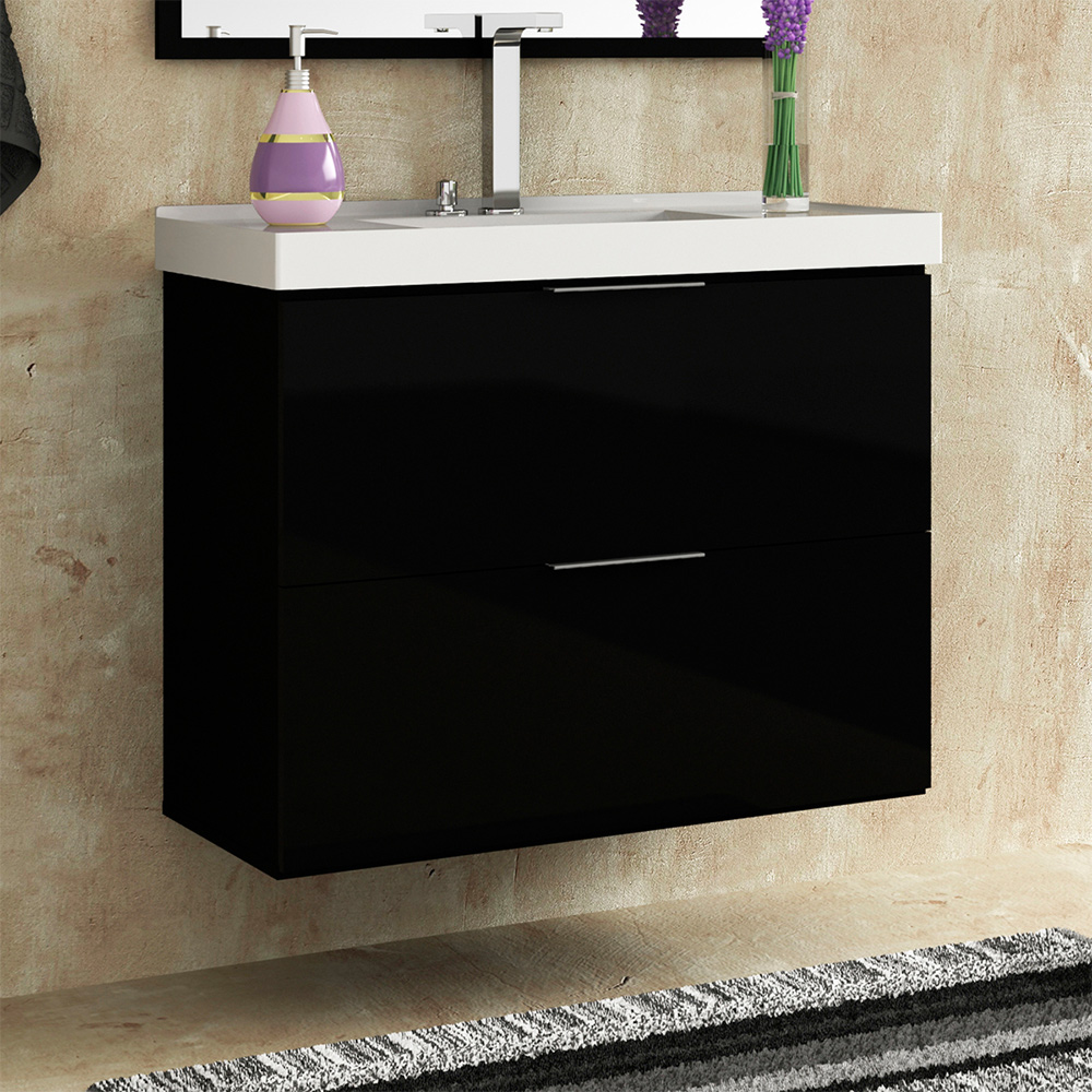 Armário Balcão Gabinete Para Banheiro 80cm Com 03 Gavetas Pietra B06 Preto Brilho - Lyam Decor