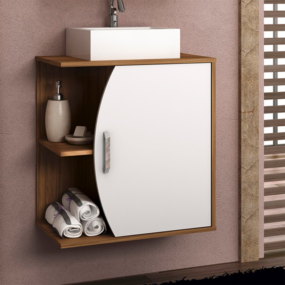 Armário Balcão Gabinete Para Banheiro Com 01 Porta 60 cm Duna B06 Branco Nogal - Lyam Decor