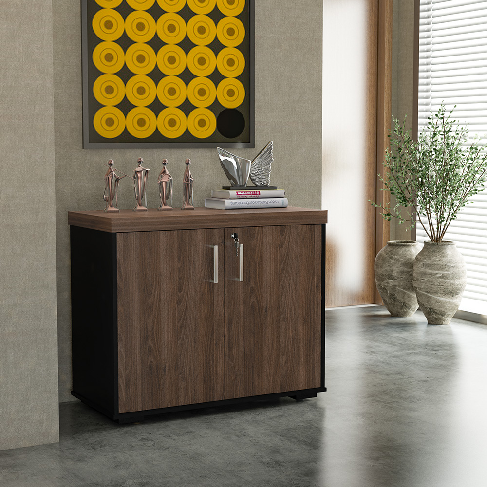 Armário Balcão Multiuso Para Escritório Sala 2 Portas Atria Executiva A02 Charuto Preto - Lyam Decor
