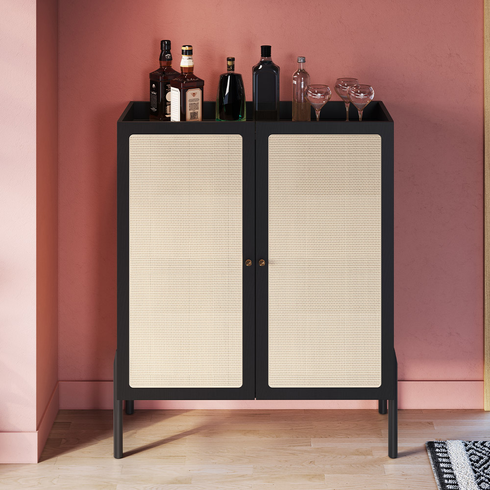 Armário Bar Para Sala 2 Portas 93cm Pés Madeira Moss A03 Nero Preto - Lyam Decor