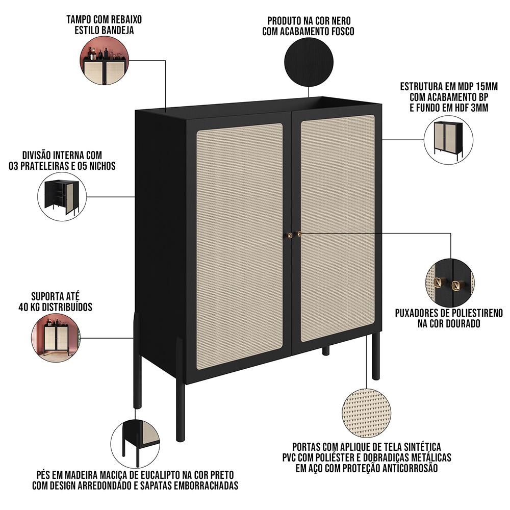 Armário Bar Para Sala 2 Portas 93cm Pés Madeira Moss A03 Nero Preto - Lyam Decor