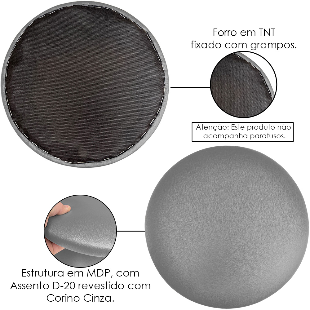 Assento Redondo Banqueta Cadeira Estofados Poltronas H02 Corino Cinza 39 cm - Lyam Decor