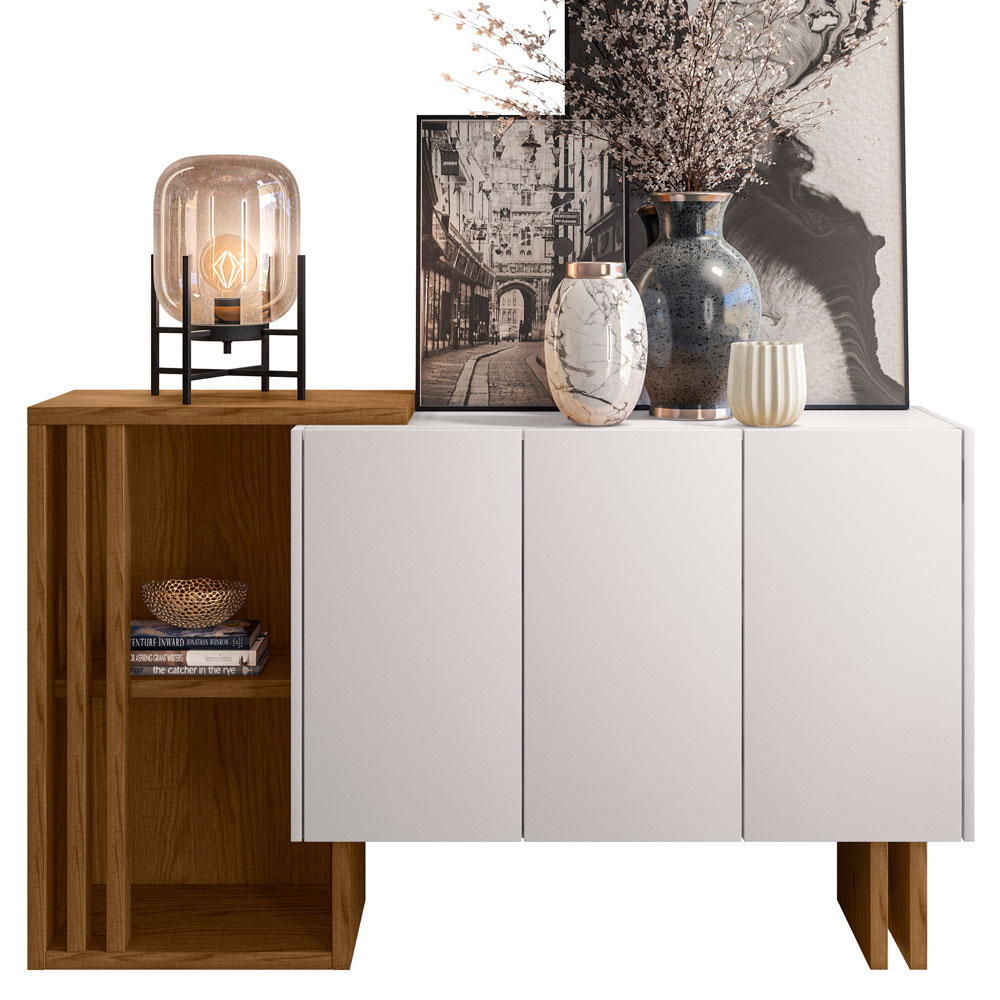 Balcão Buffet 03 Portas Sala de Estar Marfik N01 Ypê Off White - Lyam Decor