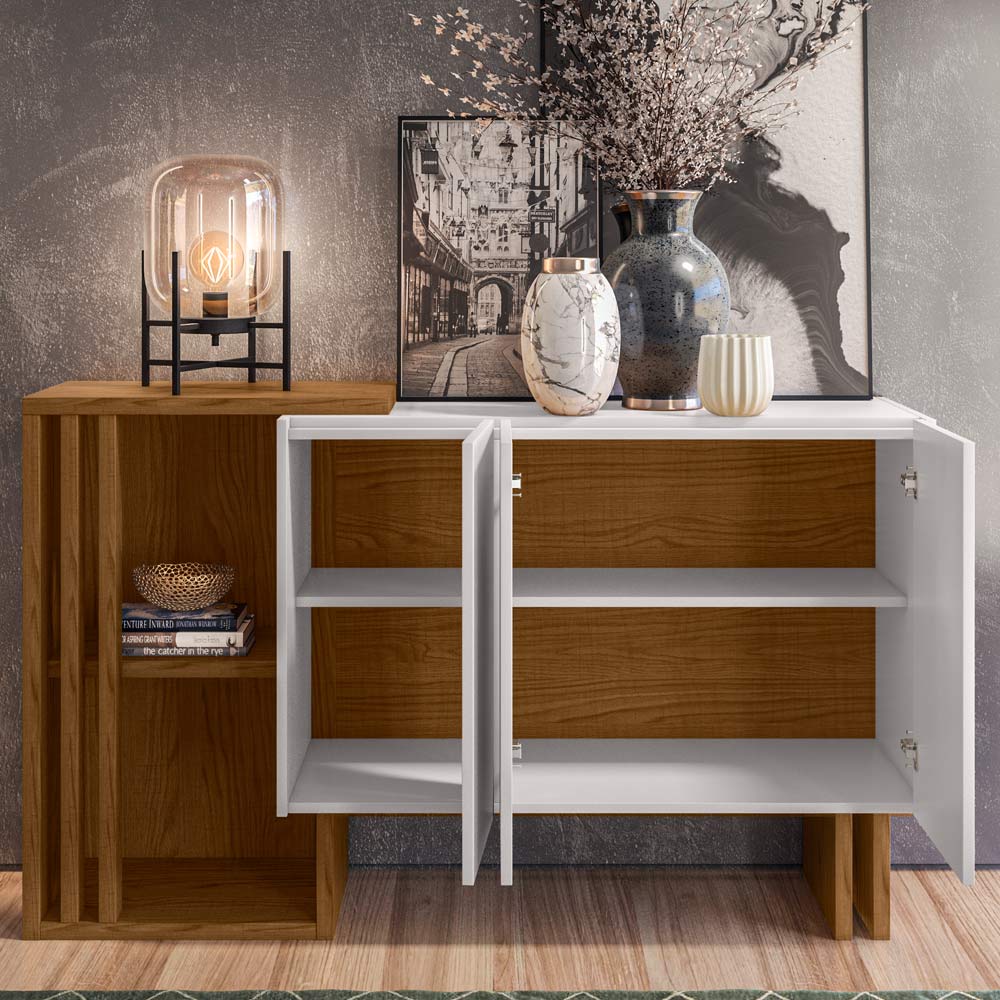 Balcão Buffet 03 Portas Sala de Estar Marfik N01 Ypê Off White - Lyam Decor