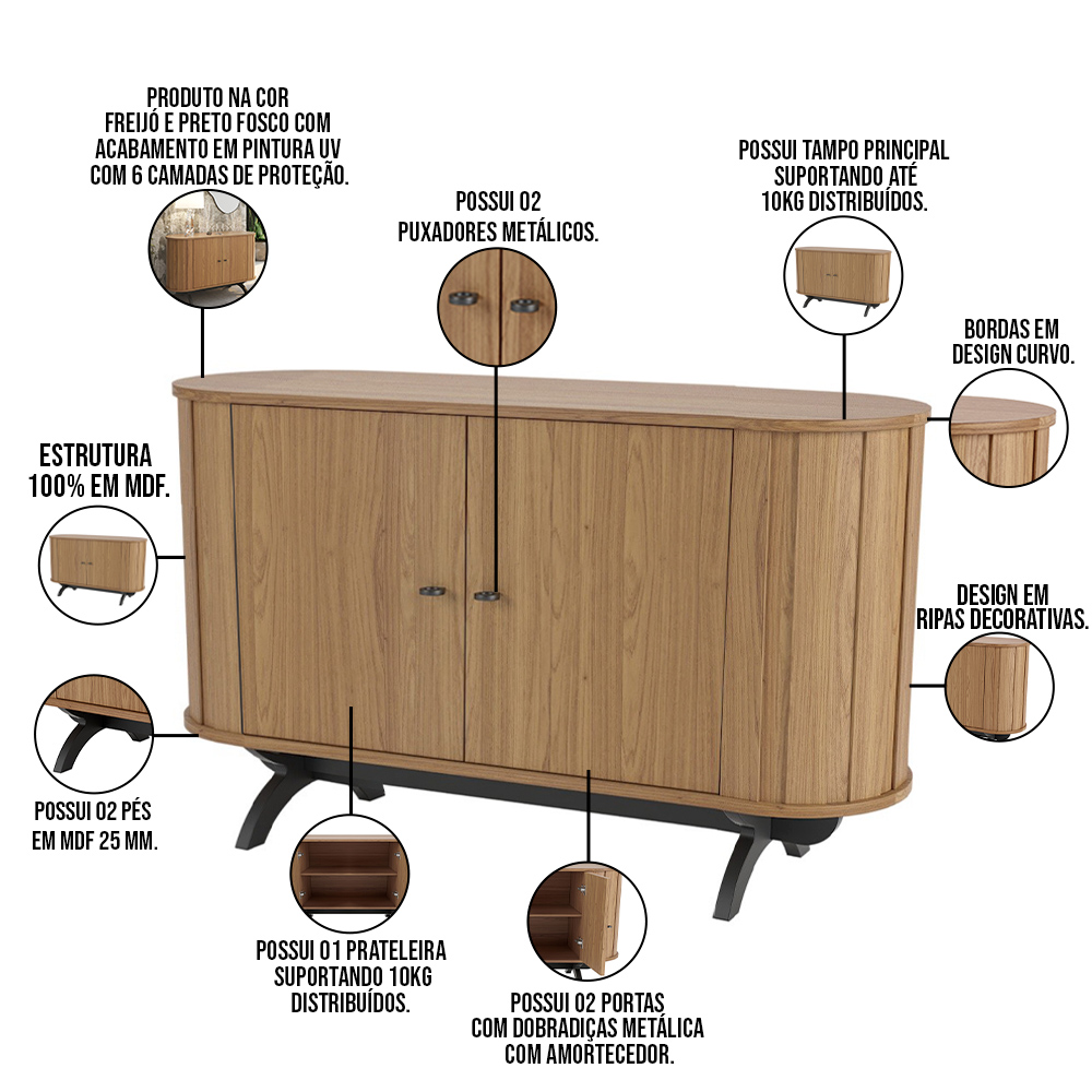 Balcão Buffet Para Sala De Estar Curvo 02 Portas Romagna 130cm D03 Freijó Preto Fosco - Lyam Decor