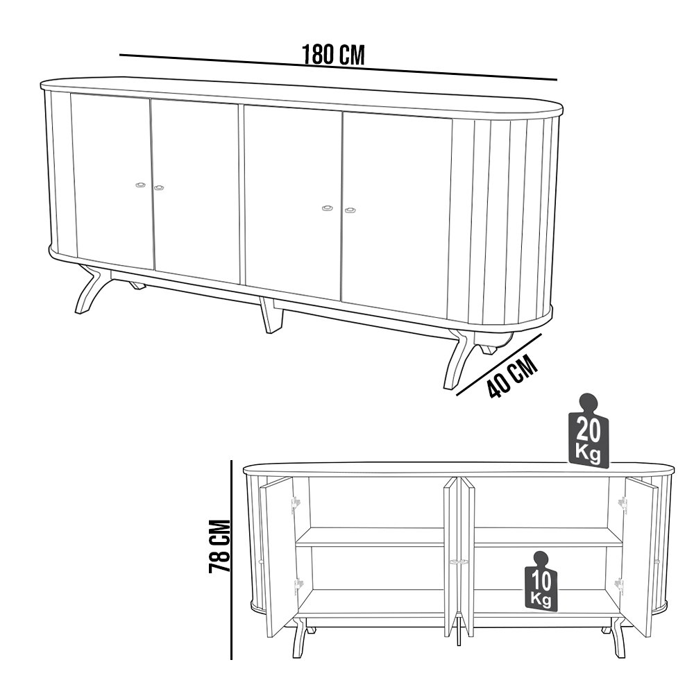Balcão Buffet Para Sala De Estar Curvo 04 Portas Romagna 180cm D03 Freijó Preto Fosco - Lyam Decor