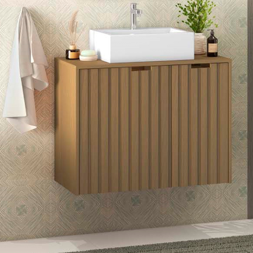Balcão Gabinete Para Banheiro 80 cm 02 Gavetas E 01 Porta Nice B06 Nogal Noce Amêndoa - Lyam Decor