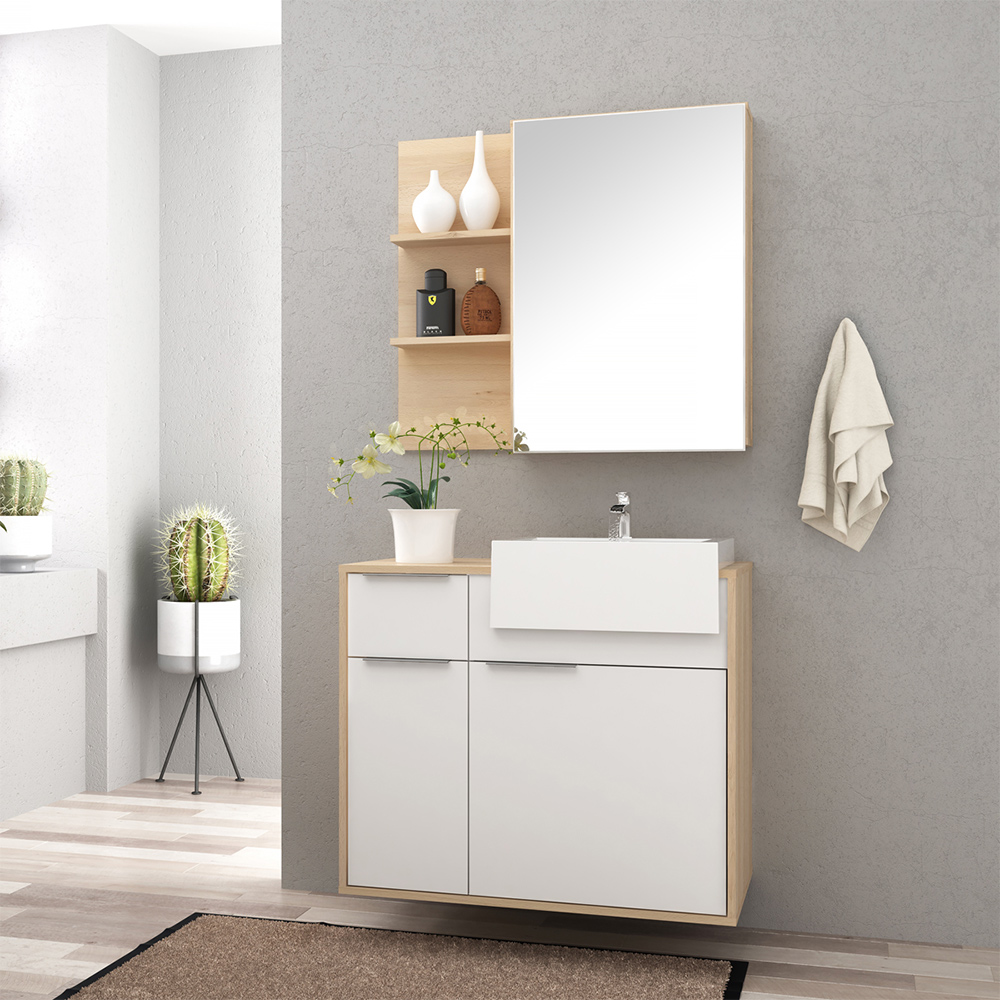 Balcão Gabinete Para Banheiro 80cm 01 Porta E 02 Gavetas Com Cuba Jazz B06 Faia Branco - Lyam Decor