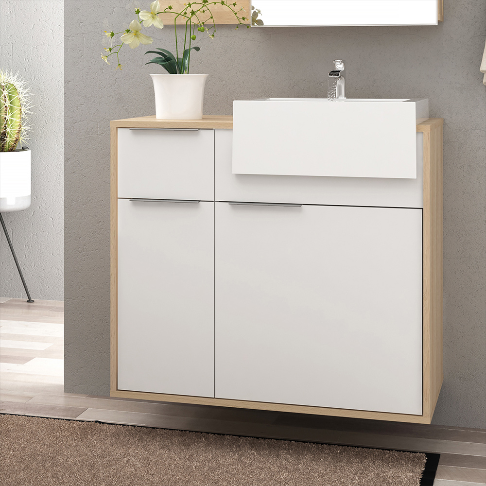 Balcão Gabinete Para Banheiro 80cm 01 Porta E 02 Gavetas Com Cuba Jazz B06 Faia Branco - Lyam Decor