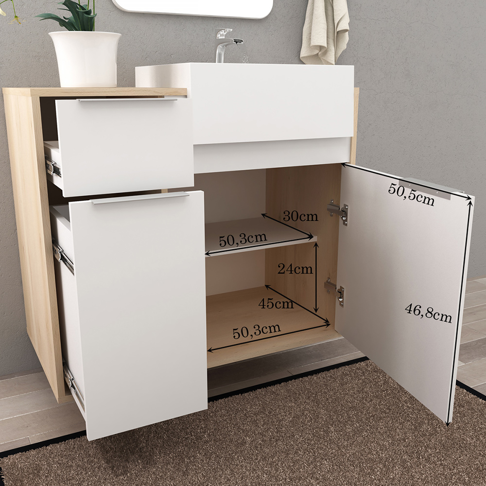 Balcão Gabinete Para Banheiro 80cm 01 Porta E 02 Gavetas Com Cuba Jazz B06 Faia Branco - Lyam Decor