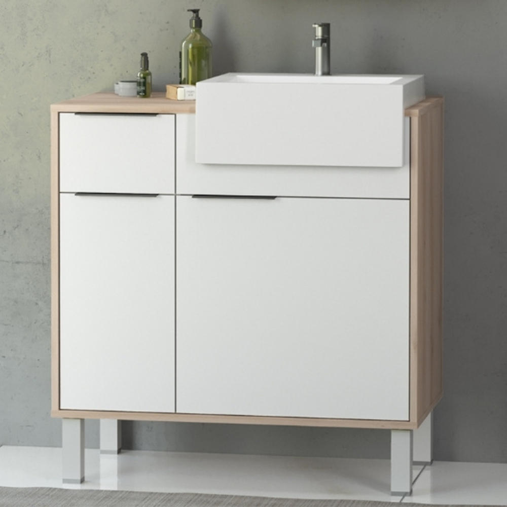 Balcão Gabinete Para Banheiro Com Pés e Cuba 80cm West B06 Branco Faia - Lyam Decor