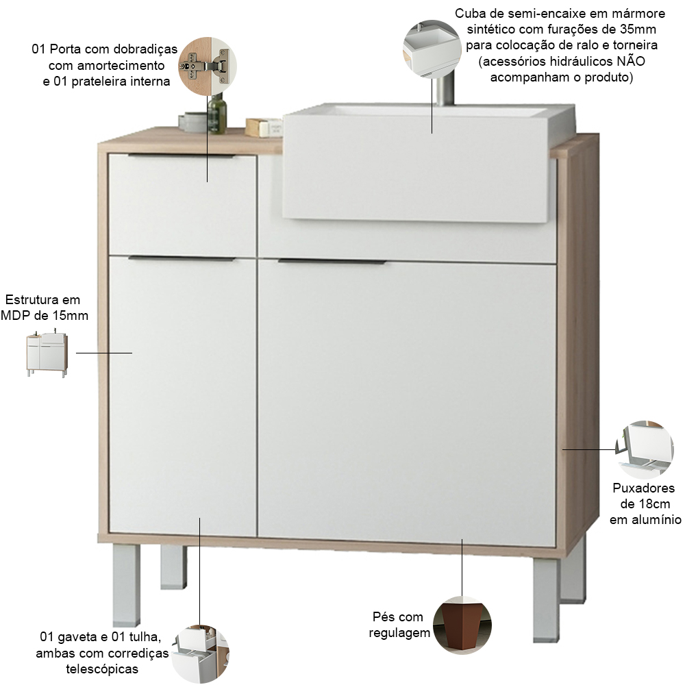 Balcão Gabinete Para Banheiro Com Pés e Cuba 80cm West B06 Branco Faia - Lyam Decor