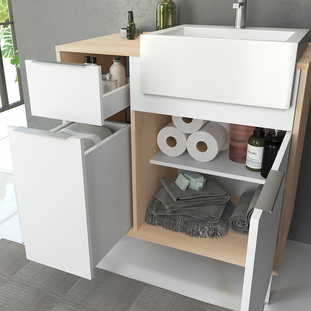 Balcão Gabinete Para Banheiro Com Pés e Cuba 80cm West B06 Branco Faia - Lyam Decor